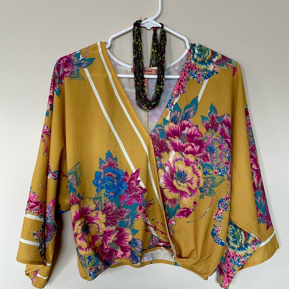 Flying Tomato top, anthropology, mustard floral